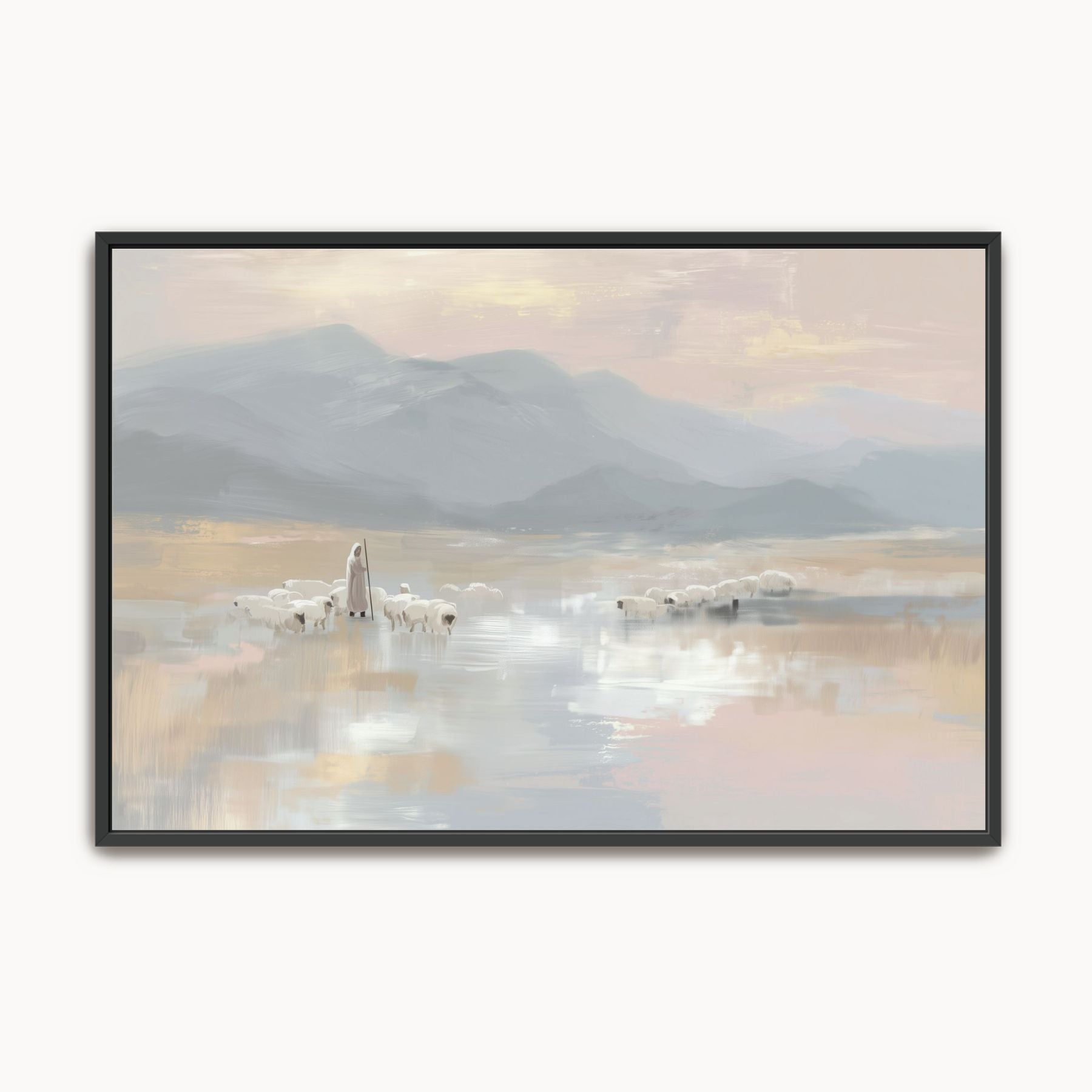 Christian wall art of Jesus the Good Shepherd guiding His sheep through a misty coastal landscape with mountains in the distance.