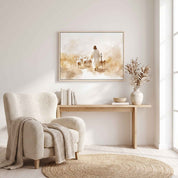 John 10:11 Good Shepherd wall art showing Jesus with His flock, framed above a wood console beside a cream armchair in a peaceful living room.