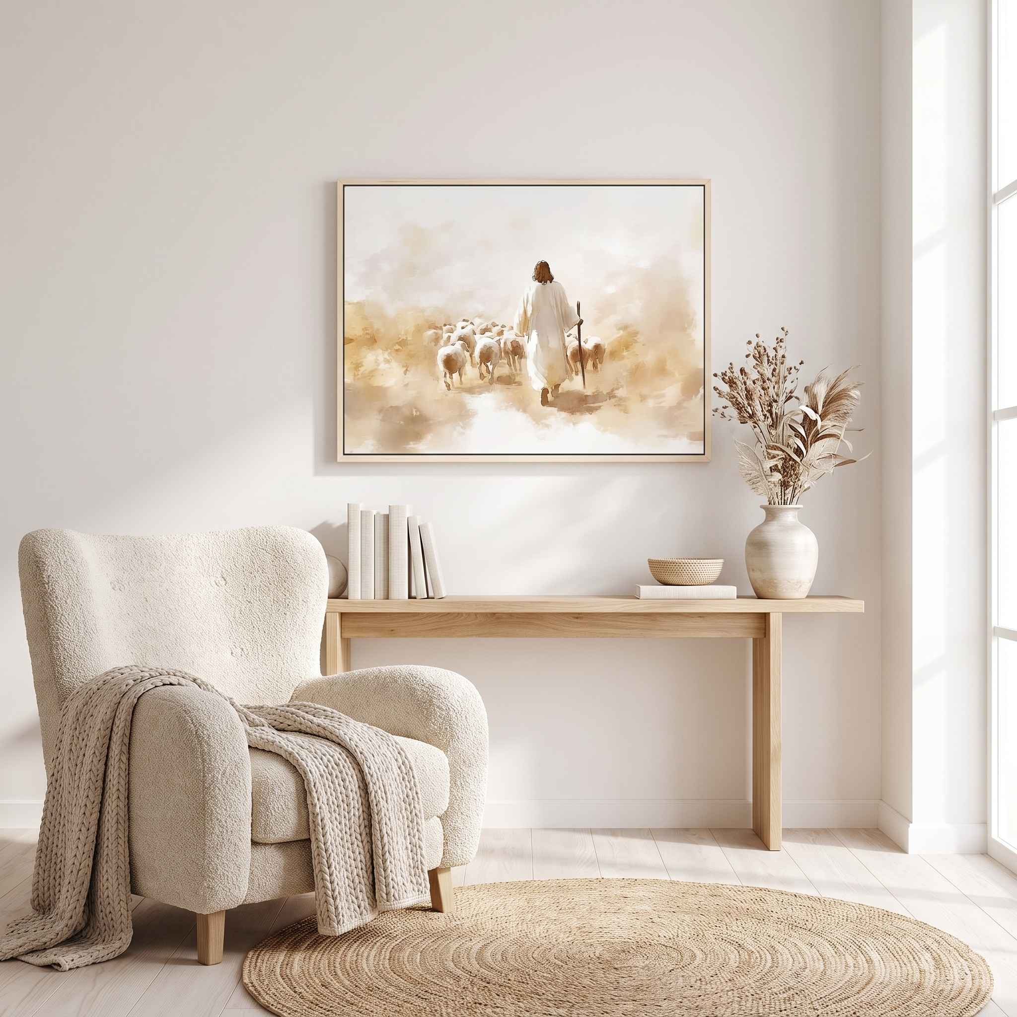 John 10:11 Good Shepherd wall art showing Jesus with His flock, framed above a wood console beside a cream armchair in a peaceful living room.