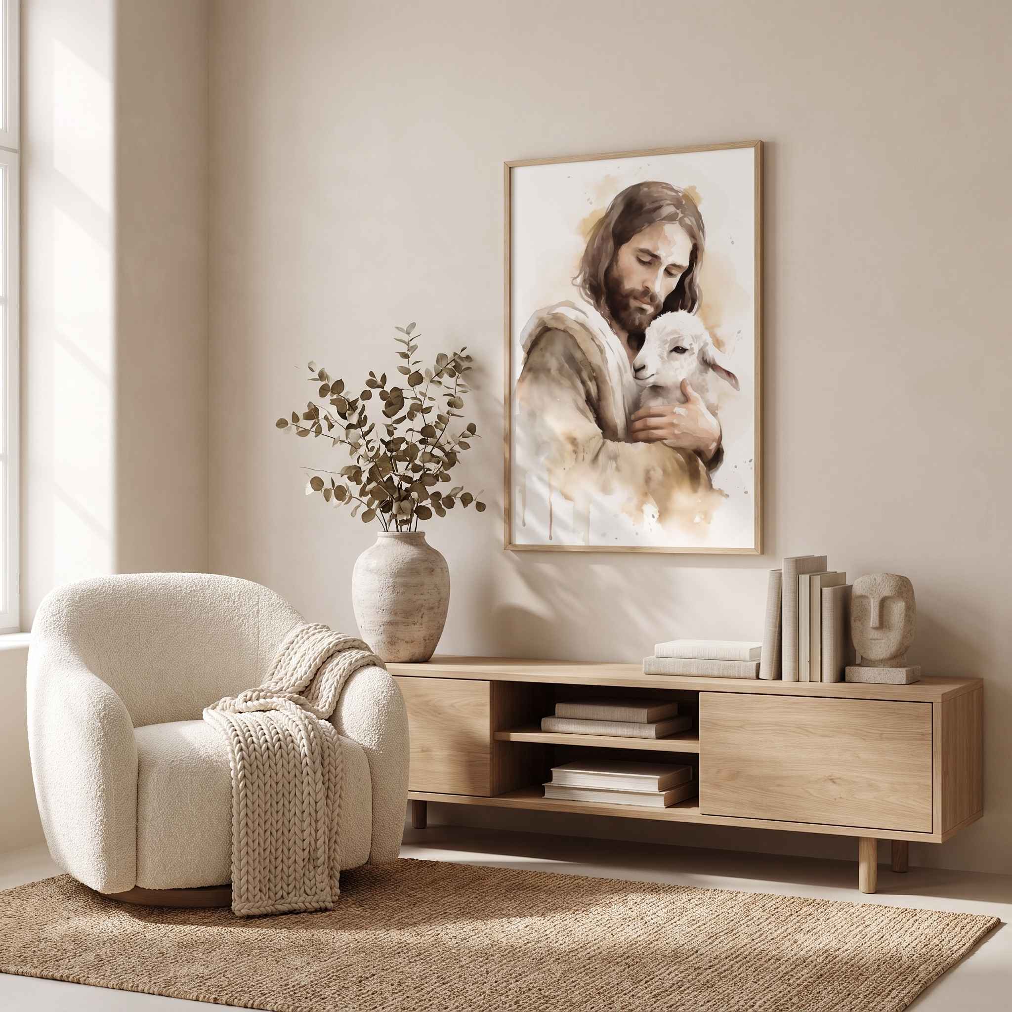 Jesus the Good Shepherd holding a lamb in framed Christian watercolor wall art above a wood console in a neutral living room.