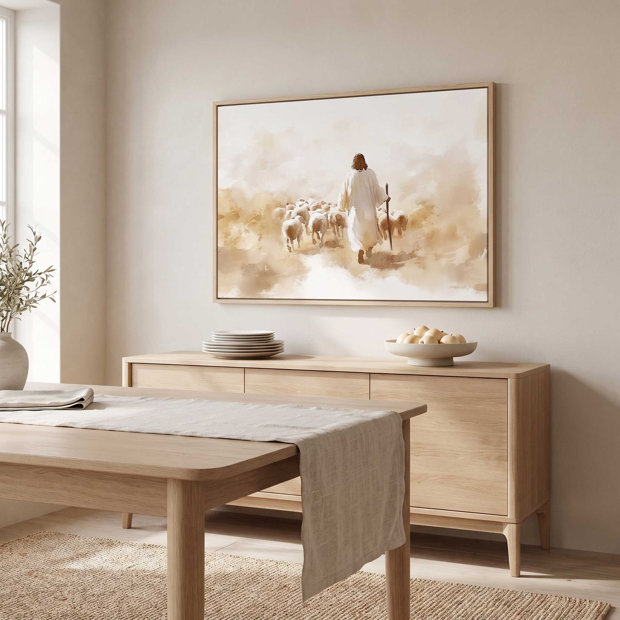 John 10:11 Good Shepherd watercolor wall art showing Jesus leading sheep, styled above a light wood sideboard in a neutral modern dining room.