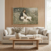 Safe in His Arms | The Good Shepherd Christian wall art displayed above a cozy living room sofa, featuring Jesus gently holding a lamb in a peaceful meadow, inspired by John 10 and symbolizing Christ's love, protection, and compassionate care.