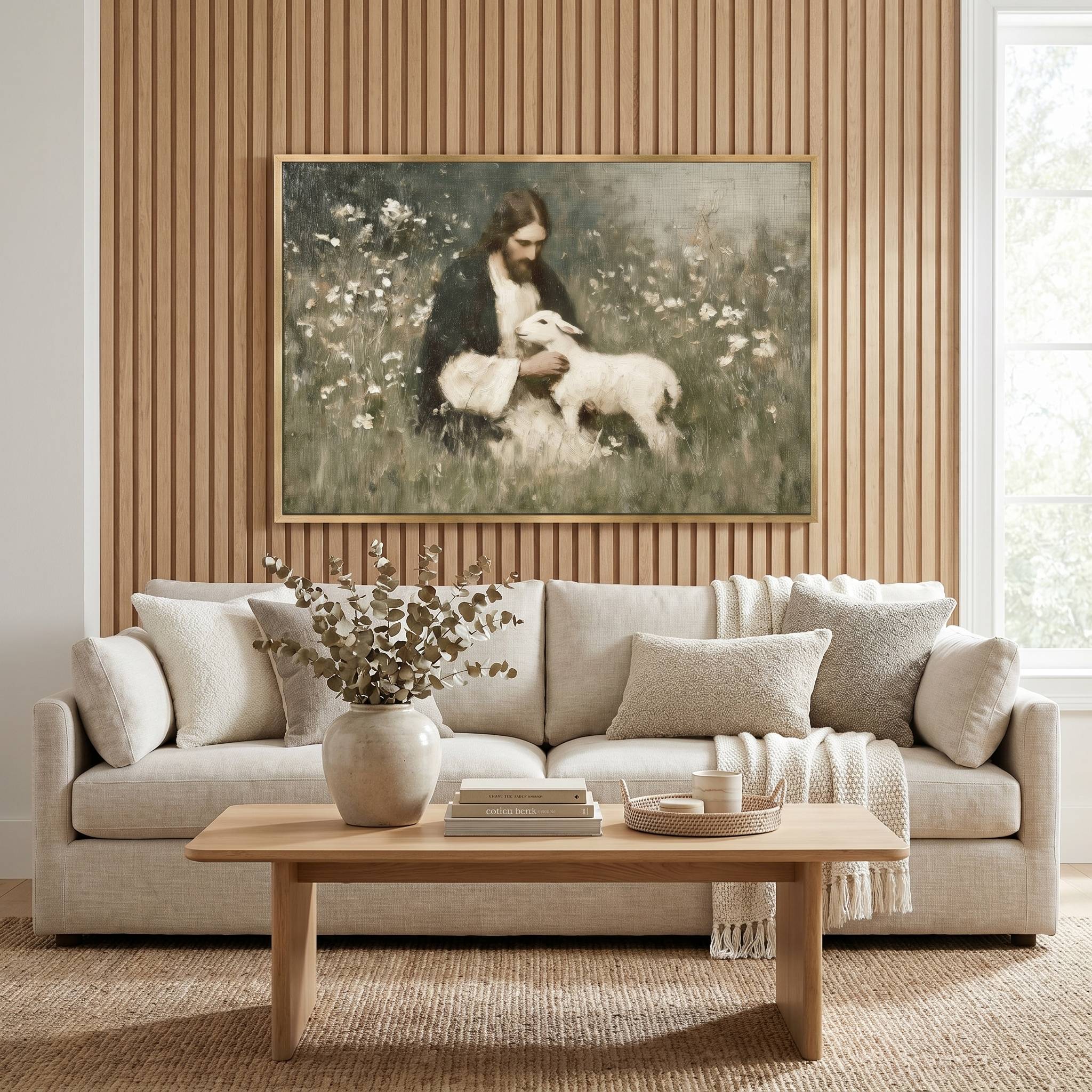Safe in His Arms | The Good Shepherd Christian wall art displayed above a cozy living room sofa, featuring Jesus gently holding a lamb in a peaceful meadow, inspired by John 10 and symbolizing Christ's love, protection, and compassionate care.