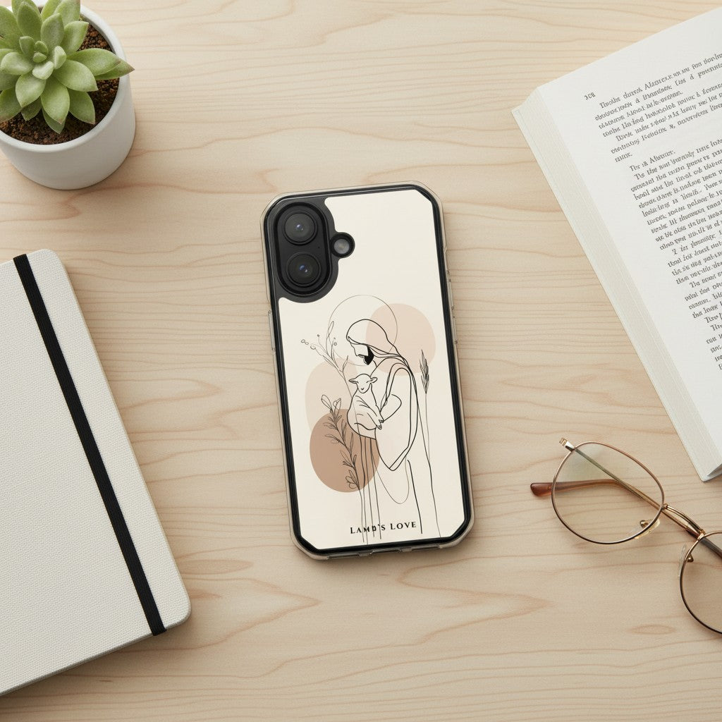 Good Shepherd Christian MagSafe iPhone case on minimalist wooden desk with notebook, glasses, and plant featuring elegant line art of Jesus holding a lamb and warm neutral faith-inspired aesthetic