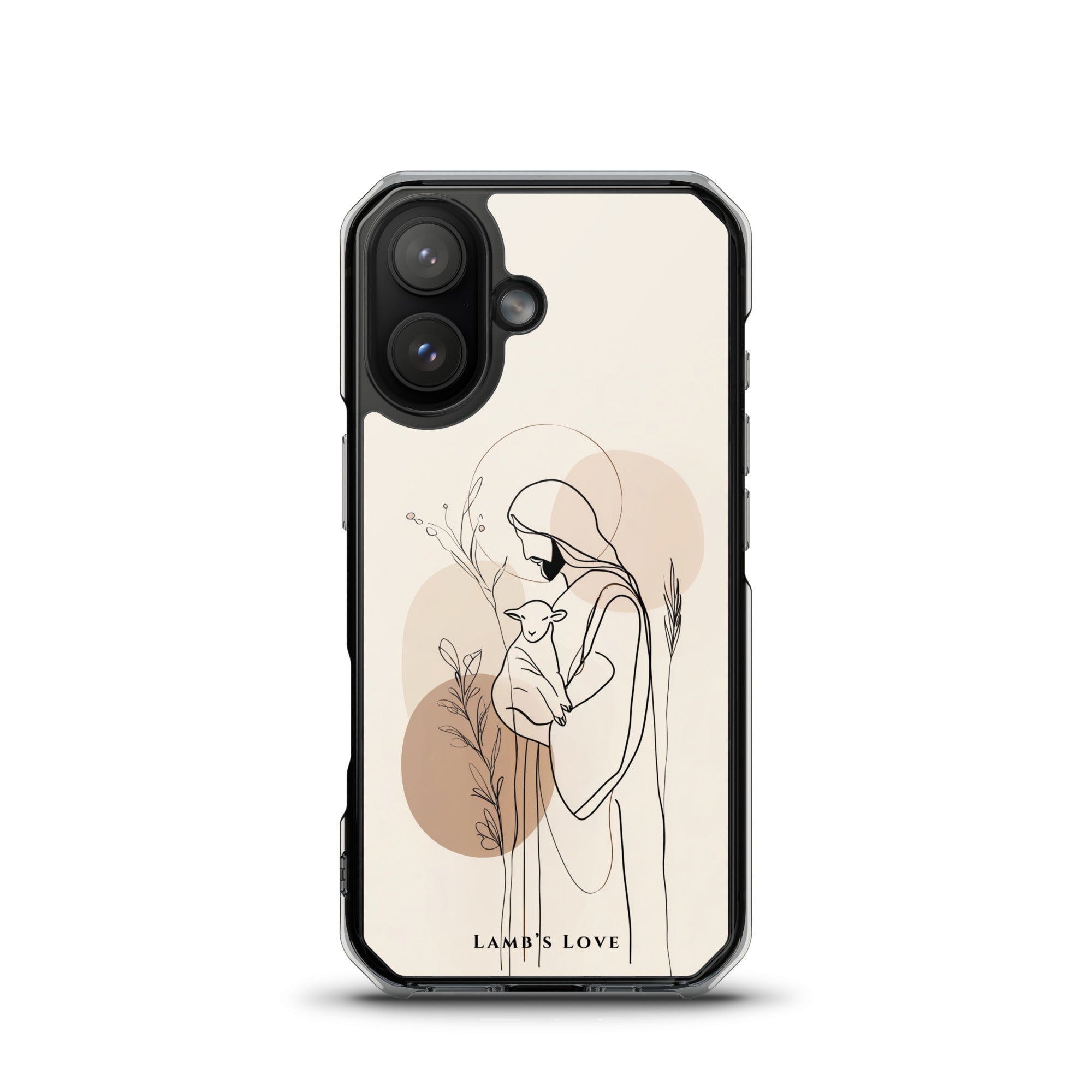 Good Shepherd Christian MagSafe iPhone case featuring minimalist line art of Jesus holding a lamb with soft neutral aesthetic and modern faith-inspired design