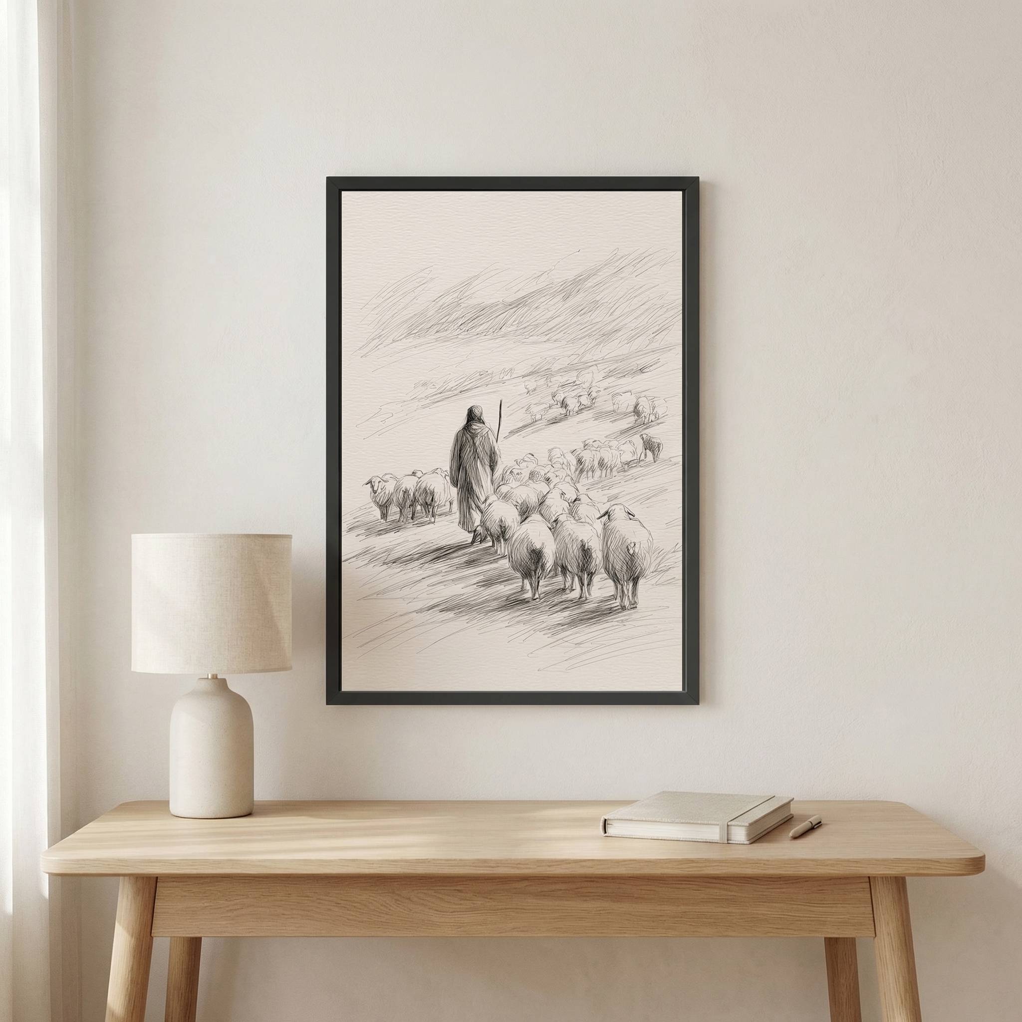 Good Shepherd Christian wall art line art sketch displayed above modern desk workspace