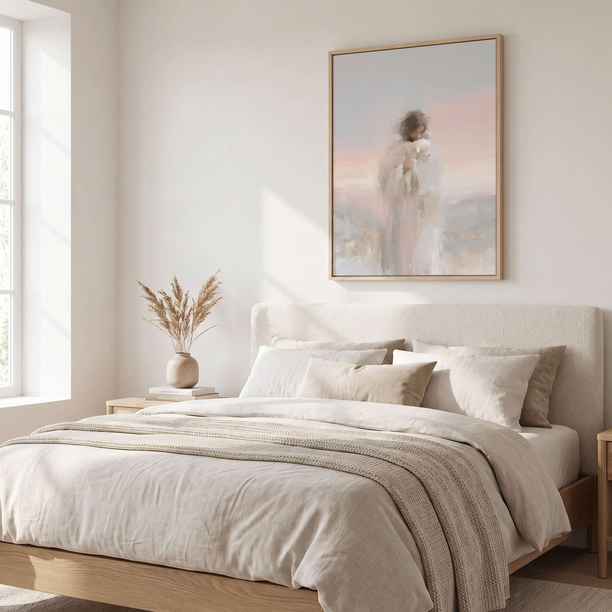 Framed Christian bedroom wall art of Jesus carrying the lost sheep, shown above a neutral bed in a bright modern bedroom as a gentle faith reminder.