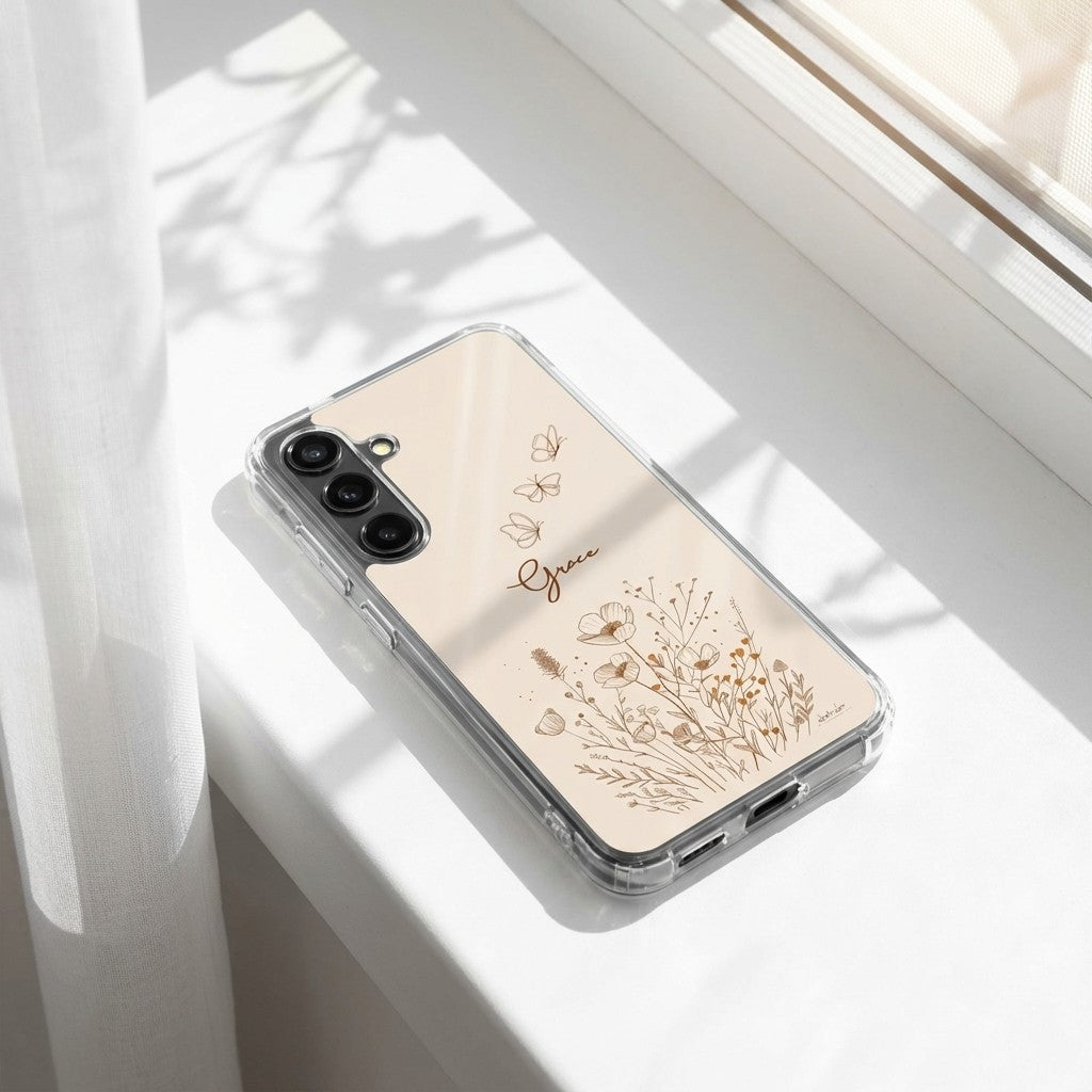 Grace Christian Samsung Galaxy phone case with wildflowers and butterfly design on bright window sill with natural sunlight faith lifestyle scene
