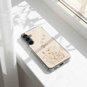 Grace Christian Samsung Galaxy phone case with wildflowers and butterfly design on bright window sill with natural sunlight faith lifestyle scene