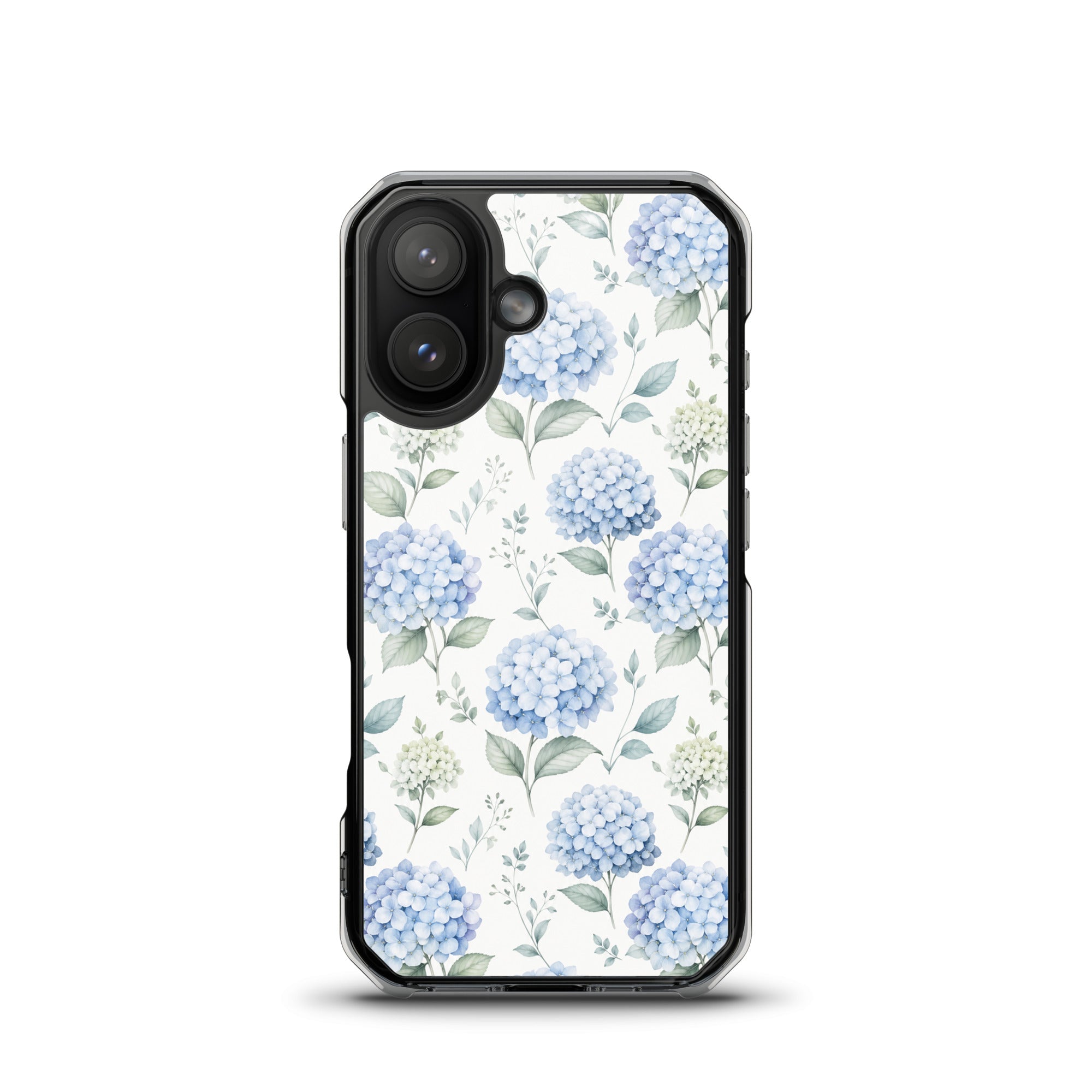 Grace in Bloom MagSafe® clear iPhone case featuring elegant blue hydrangea floral artwork in a soft watercolor Christian-inspired aesthetic design