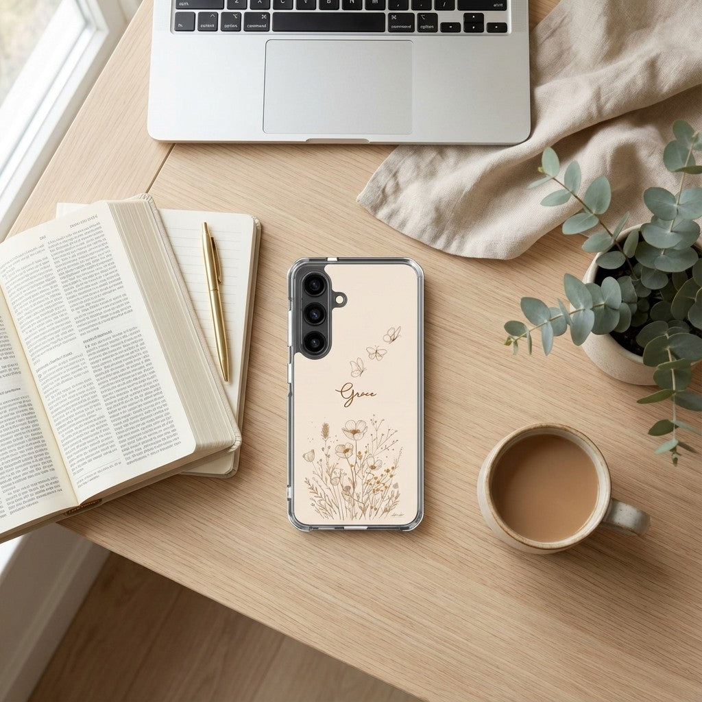Grace Christian Samsung Galaxy phone case with wildflowers and butterfly design on desk workspace with laptop, Bible, notebook, and coffee faith lifestyle scene
