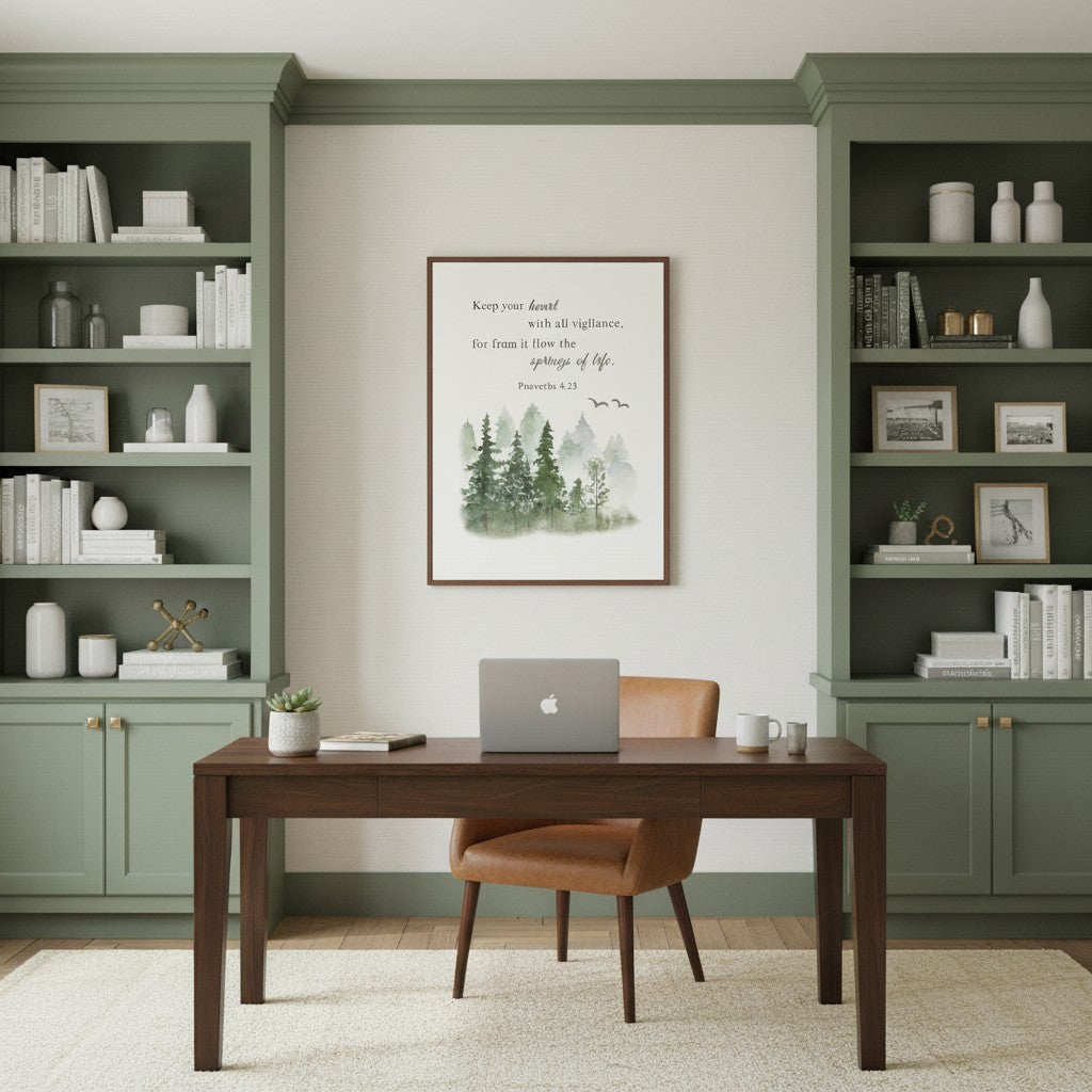 Evergreen watercolor Bible verse canvas encouraging heart protection and spiritual reflection in home décor.