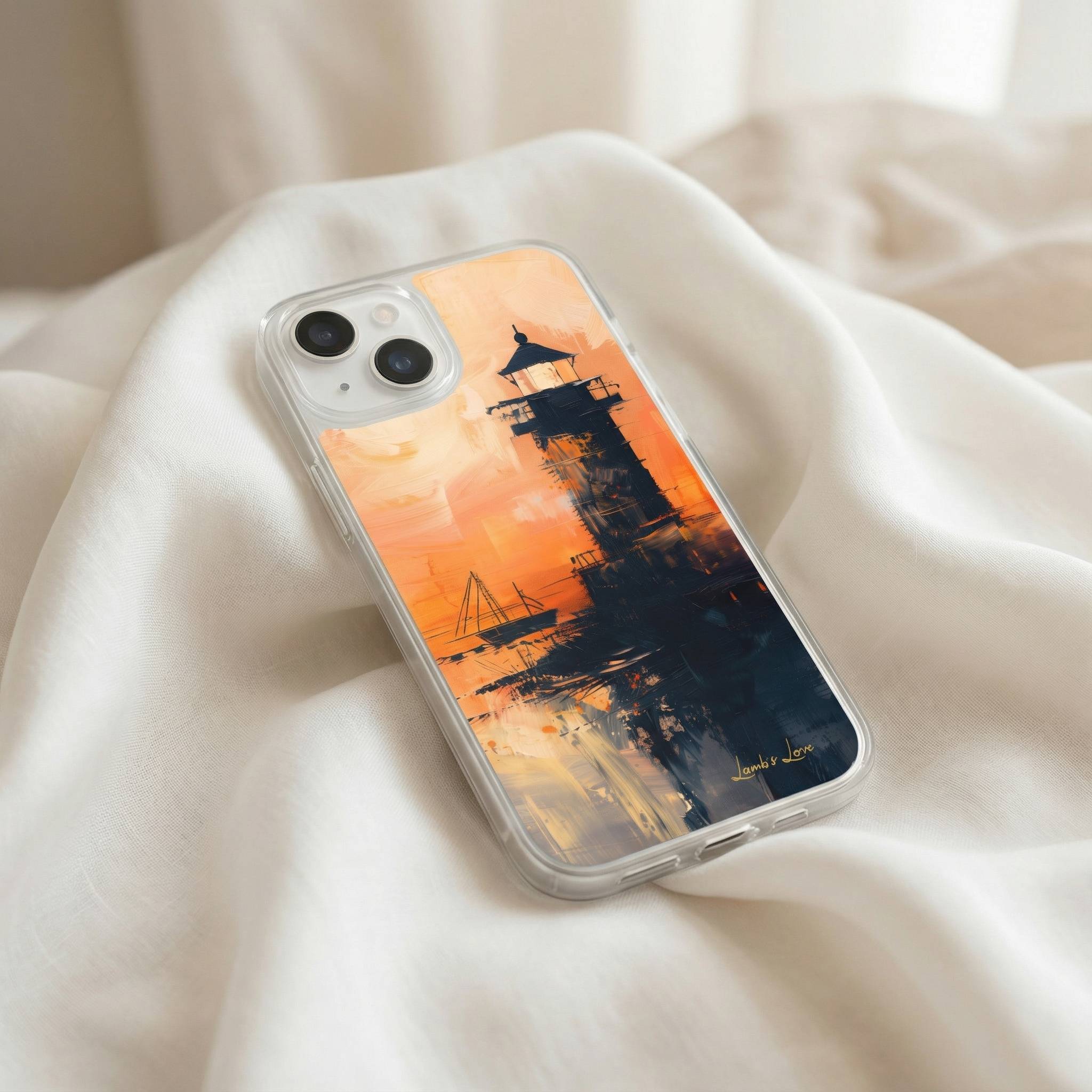 Phone case with a lighthouse design on a soft fabric background