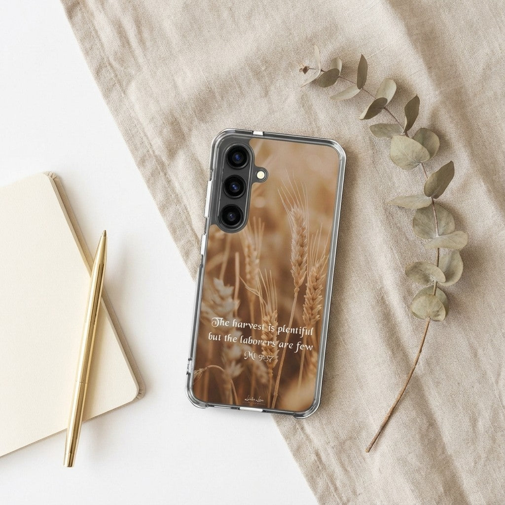 Christian Samsung phone case with wheat design and text on a neutral background