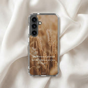 Samsung galaxy phone case with wheat design and text on a white fabric background
