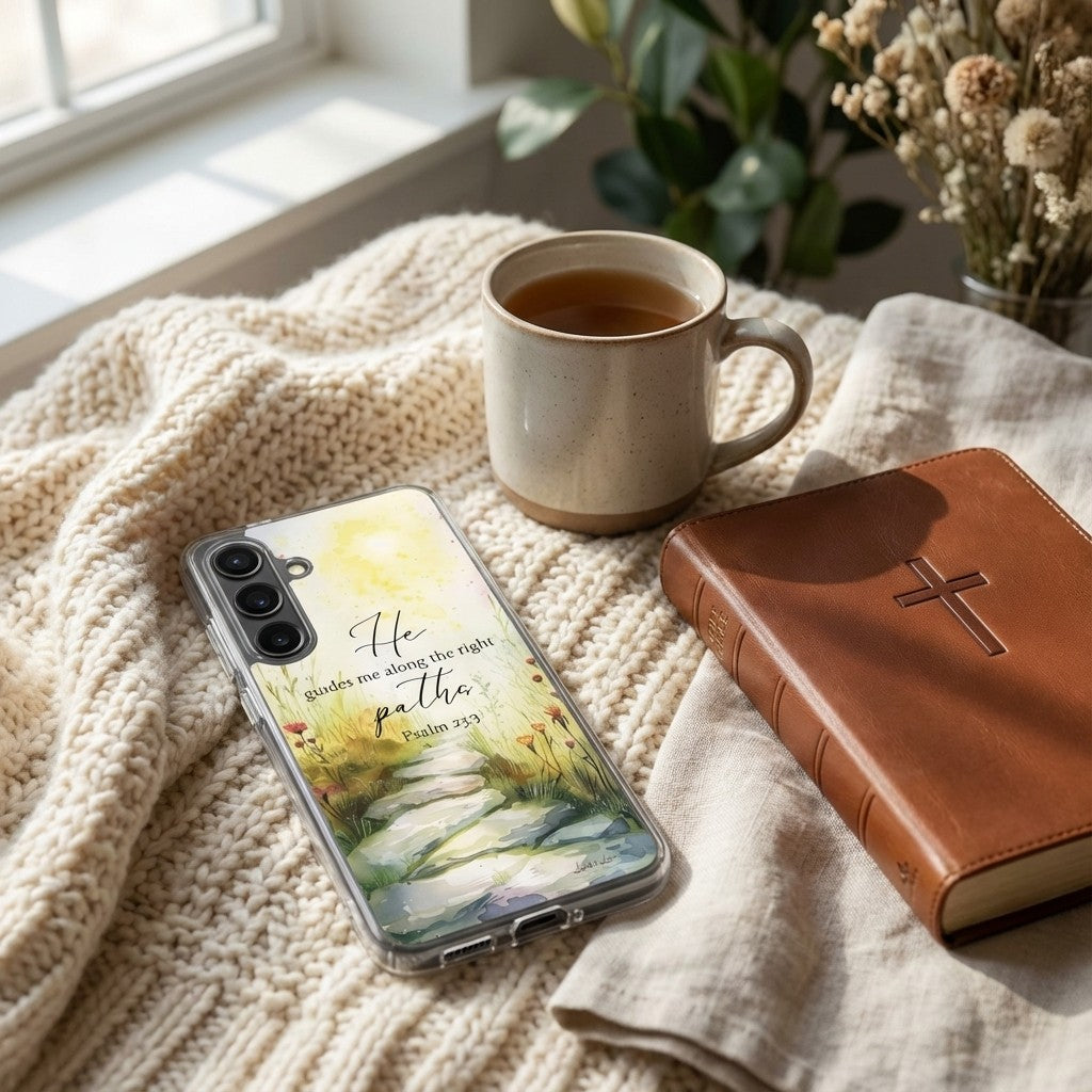 Samsung galaxy with a beautiful christian case, mug of tea, and leather-bound book on a textured surface near a window.