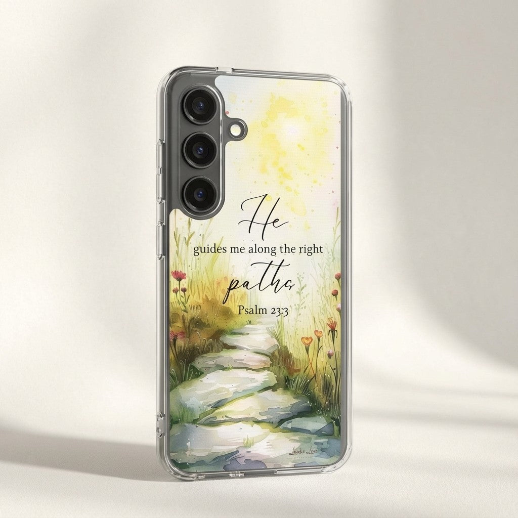 Samsung galaxy case with a scenic design and text 'He guides me along the right path. Psalm 23:3' on a light background