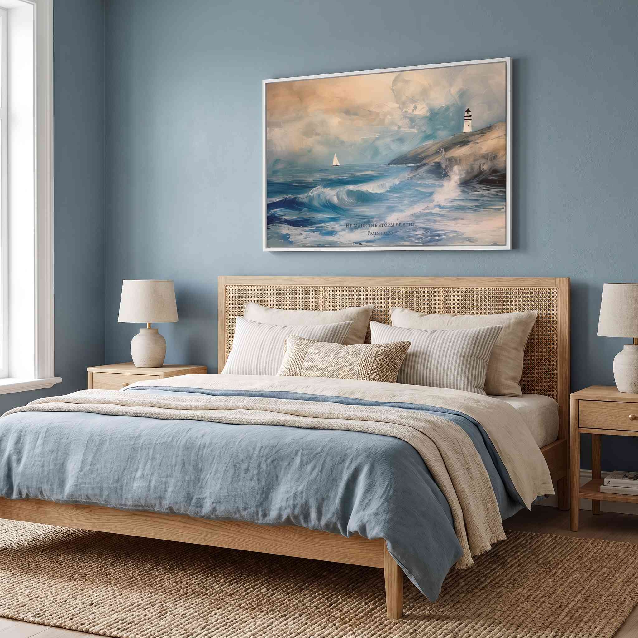 Framed vintage Christian seascape wall art titled He Made the Storm Be Still with Psalm 107:29 verse, depicting a dramatic ocean, sailboat, and lighthouse, displayed on a blue wall above a cane-headboard bed in a soft coastal bedroom.