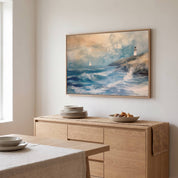 Framed vintage Christian seascape wall art titled He Made the Storm Be Still with Psalm 107:29 verse, depicting a stormy ocean, sailboat, and lighthouse, displayed above a light wood sideboard in an organic modern dining room.