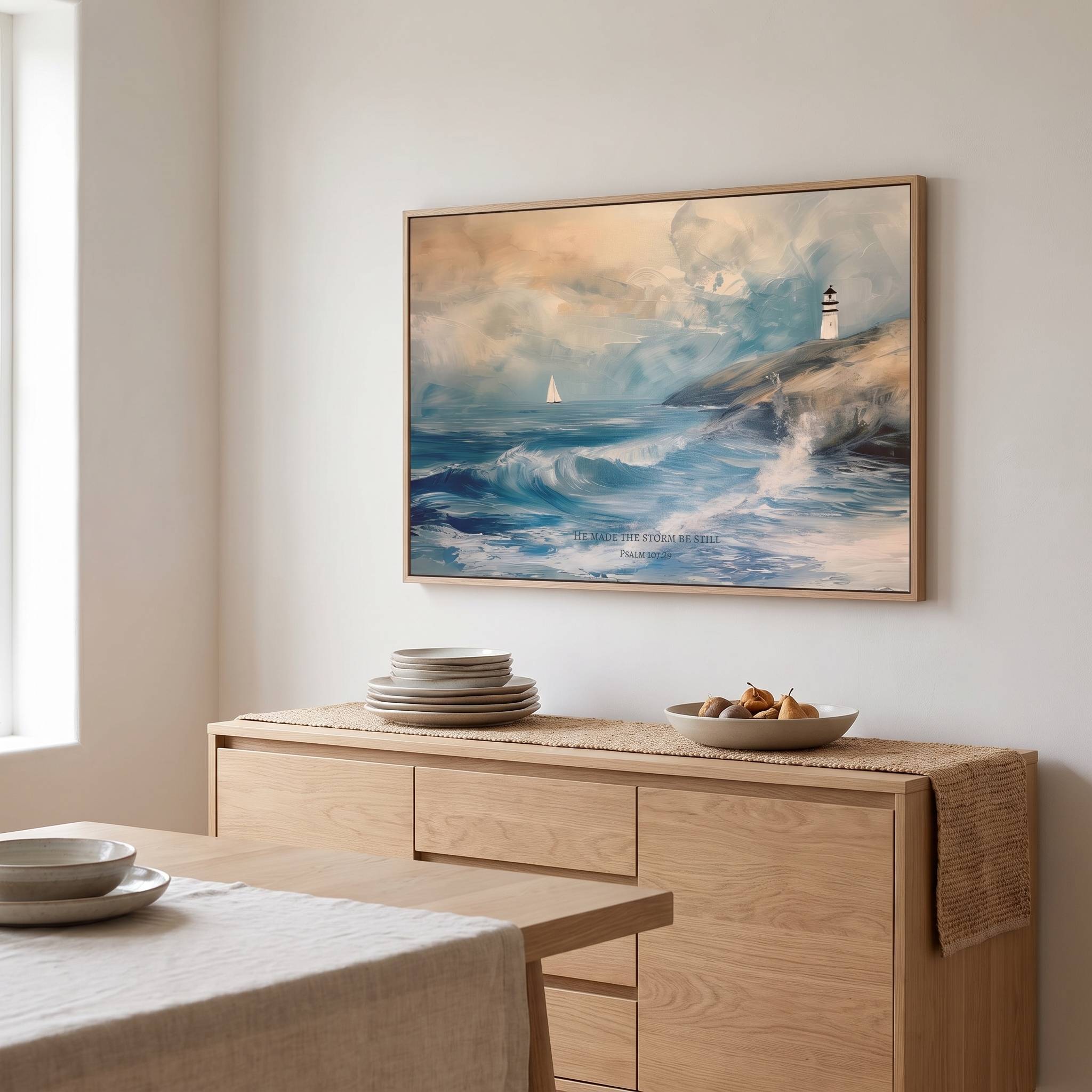 Framed vintage Christian seascape wall art titled He Made the Storm Be Still with Psalm 107:29 verse, depicting a stormy ocean, sailboat, and lighthouse, displayed above a light wood sideboard in an organic modern dining room.