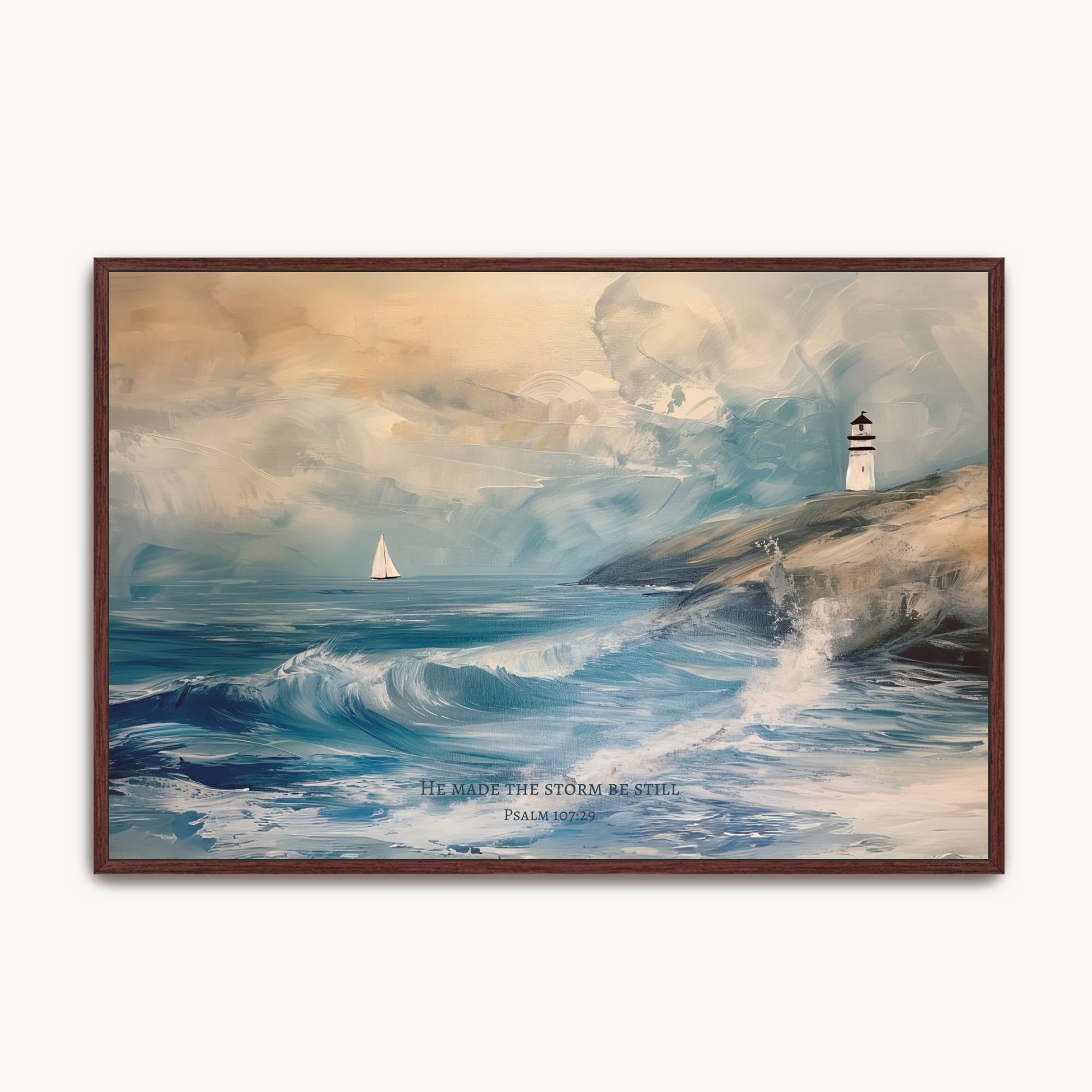 Framed vintage Christian seascape wall art titled He Made the Storm Be Still with Psalm 107:29 verse, featuring a dramatic stormy ocean, sailboat, and lighthouse on a clean studio background.