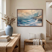 Framed vintage Christian seascape wall art titled He Made the Storm Be Still with Psalm 107:29 verse, depicting a dramatic stormy ocean, sailboat, and lighthouse, displayed above a woven bench in a coastal staircase hallway.
