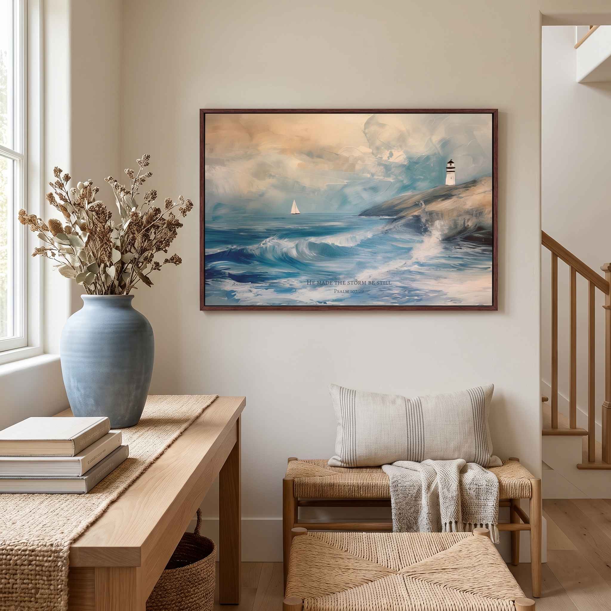 Framed vintage Christian seascape wall art titled He Made the Storm Be Still with Psalm 107:29 verse, depicting a dramatic stormy ocean, sailboat, and lighthouse, displayed above a woven bench in a coastal staircase hallway.