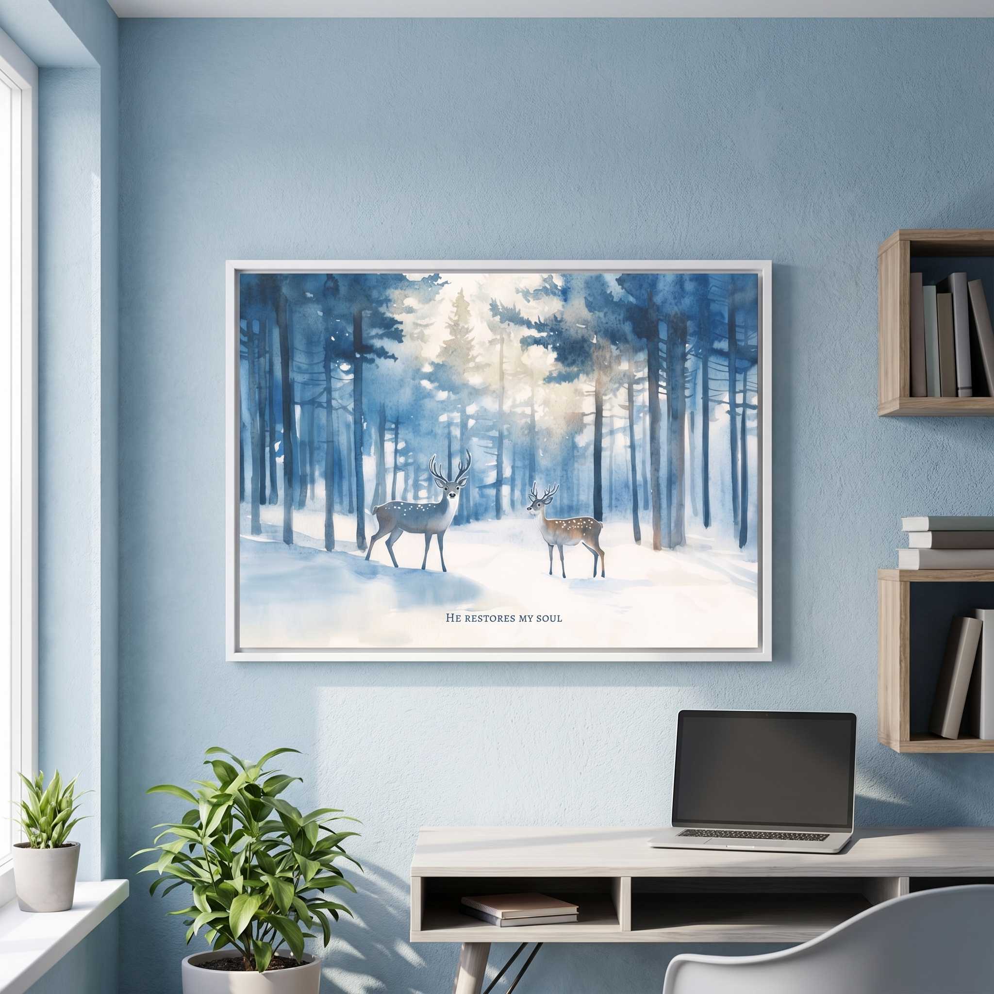 A framed art print depicting a snowy winter forest with two deer hangs on a light blue wall above a white desk with a laptop, books, and potted plants.