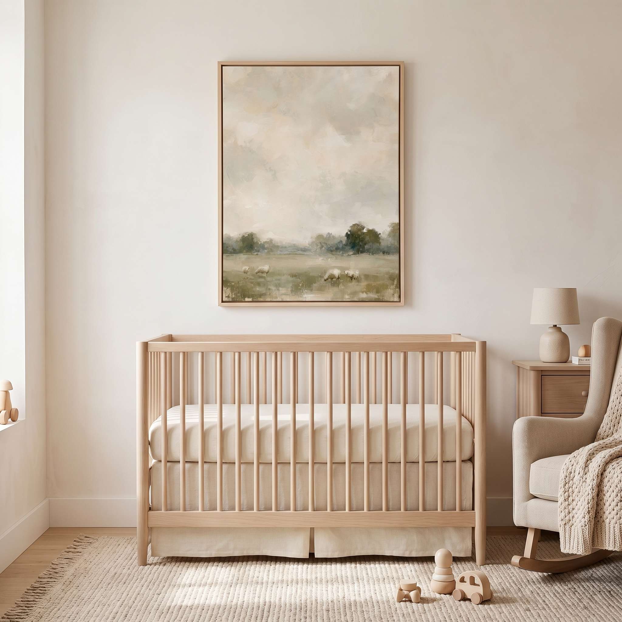 He Restores My Soul Christian sheep landscape wall art in a light wood frame above a wooden crib beside a cream rocking chair in a neutral nursery.