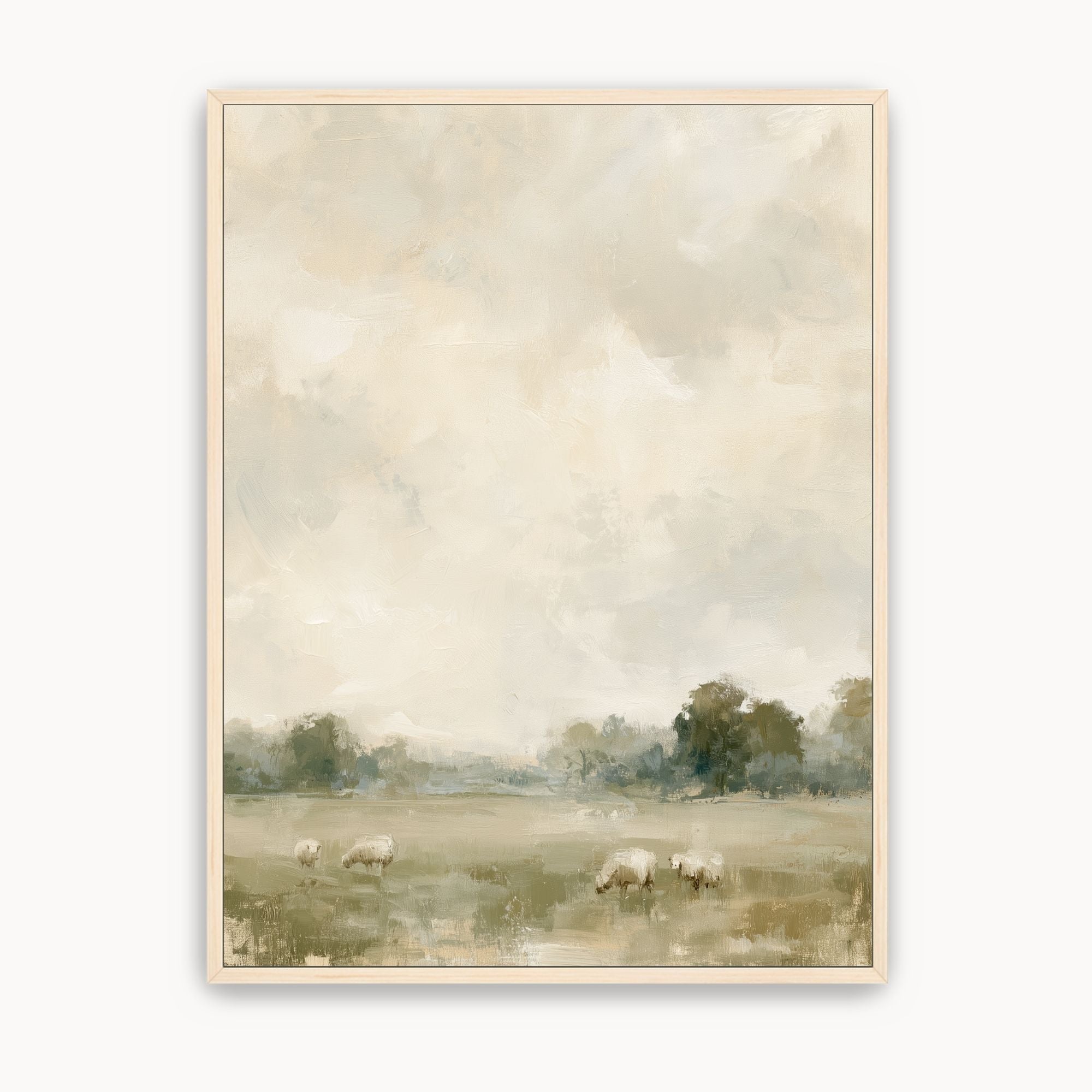 He Restores My Soul Christian landscape wall art showing sheep grazing in a meadow beneath an expansive cloudy sky, displayed in a light wood frame.