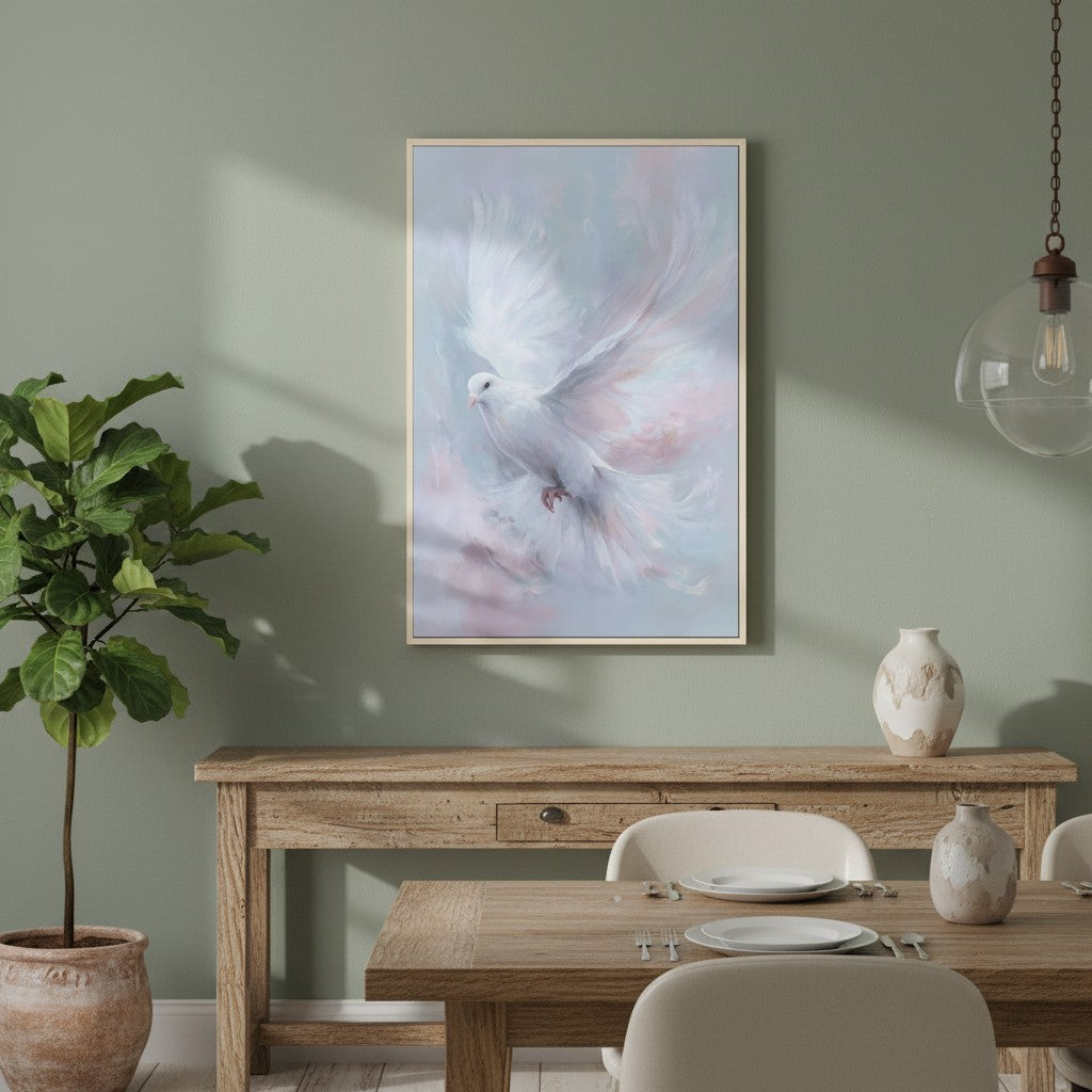 Dining room with a wooden table, chairs, and a large painting of a dove on the wall.