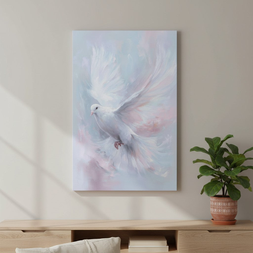 “Heavenly Peace” watercolor dove wall art displayed above a wooden bench, symbolizing the Holy Spirit’s peace and presence.