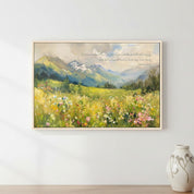Christian wall art featuring a mountain landscape with wildflowers, inspired by Isaiah 55:12 — “The hills shall break forth into singing.