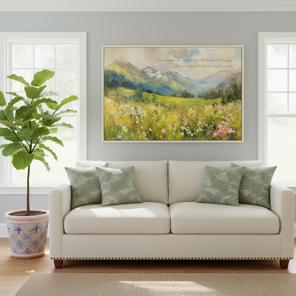 Vibrant mountain landscape Christian canvas with wildflowers and blue sky, symbolizing the joy of creation praising God