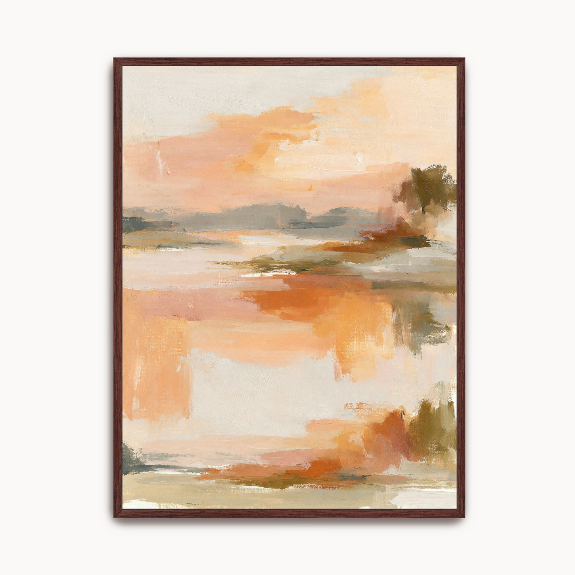 Contemporary abstract sunrise framed canvas wall art featuring soft brushstrokes of warm orange, peach, and beige, in a dark wood frame.