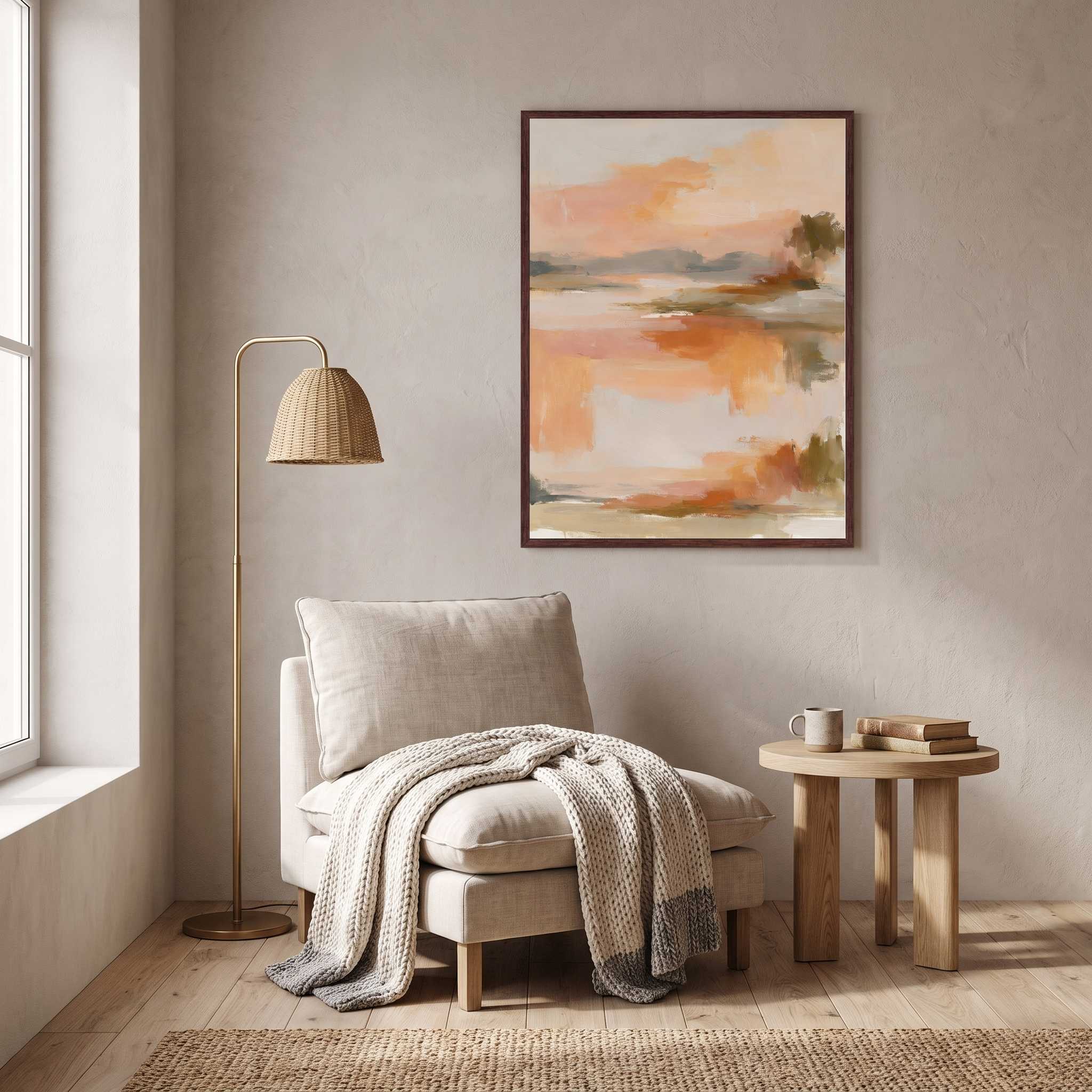 Framed abstract sunrise canvas wall art hanging above a cozy armchair and side table in a serene Scandinavian reading nook.