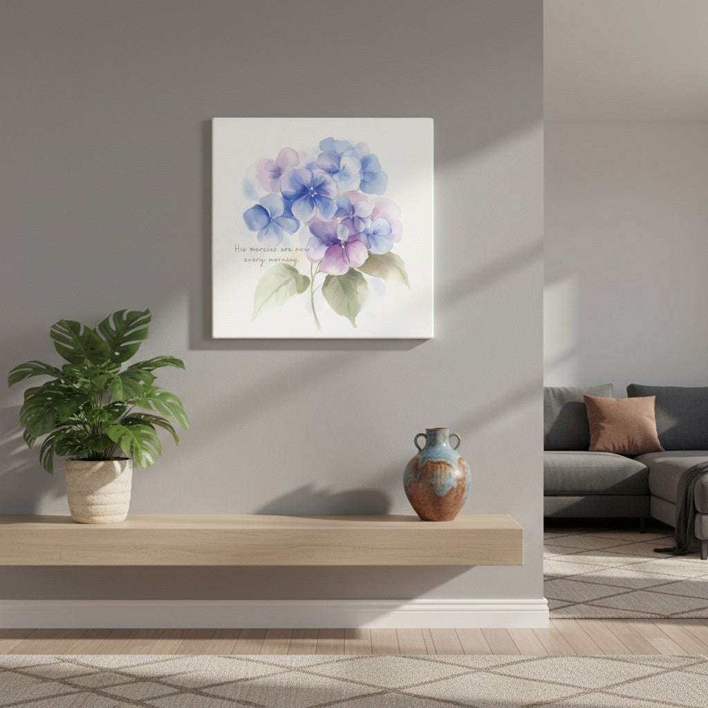 His mercies are new every morning hydrangea Bible verse watercolor canvas hanging in a modern living room.