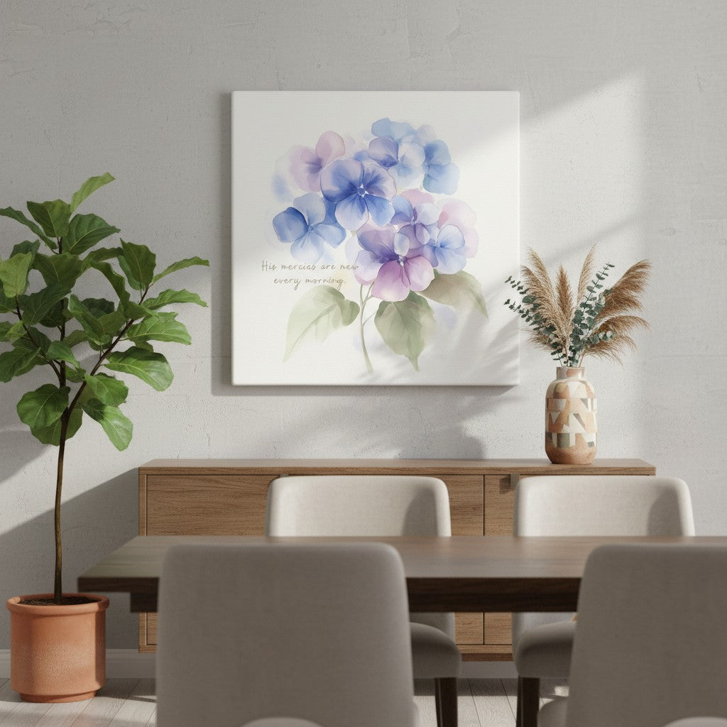 His mercies are new every morning hydrangea watercolor Christian canvas wall art displayed in a bright dining room.