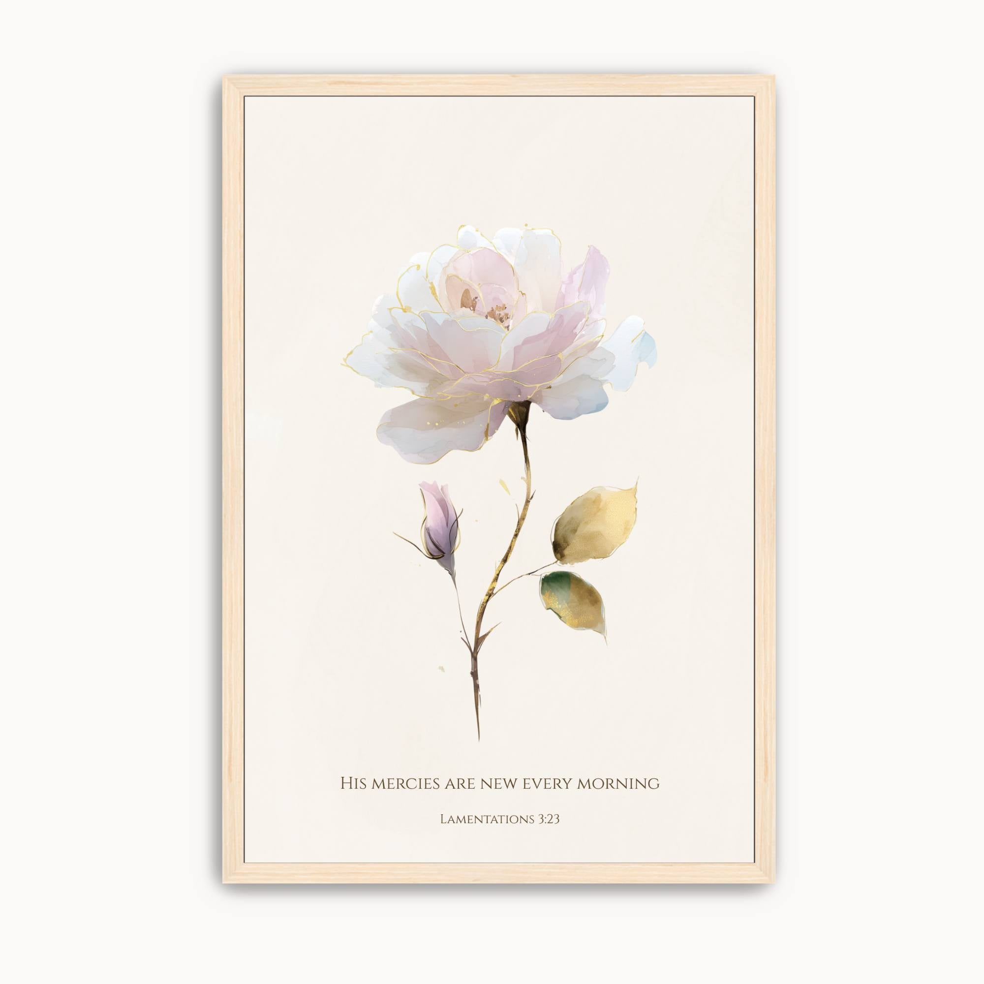 Watercolor rose Christian floral wall art featuring the Bible verse "His mercies are new every morning" from Lamentations 3:22–23. Elegant botanical Scripture artwork for living room, bedroom, prayer room, or office.