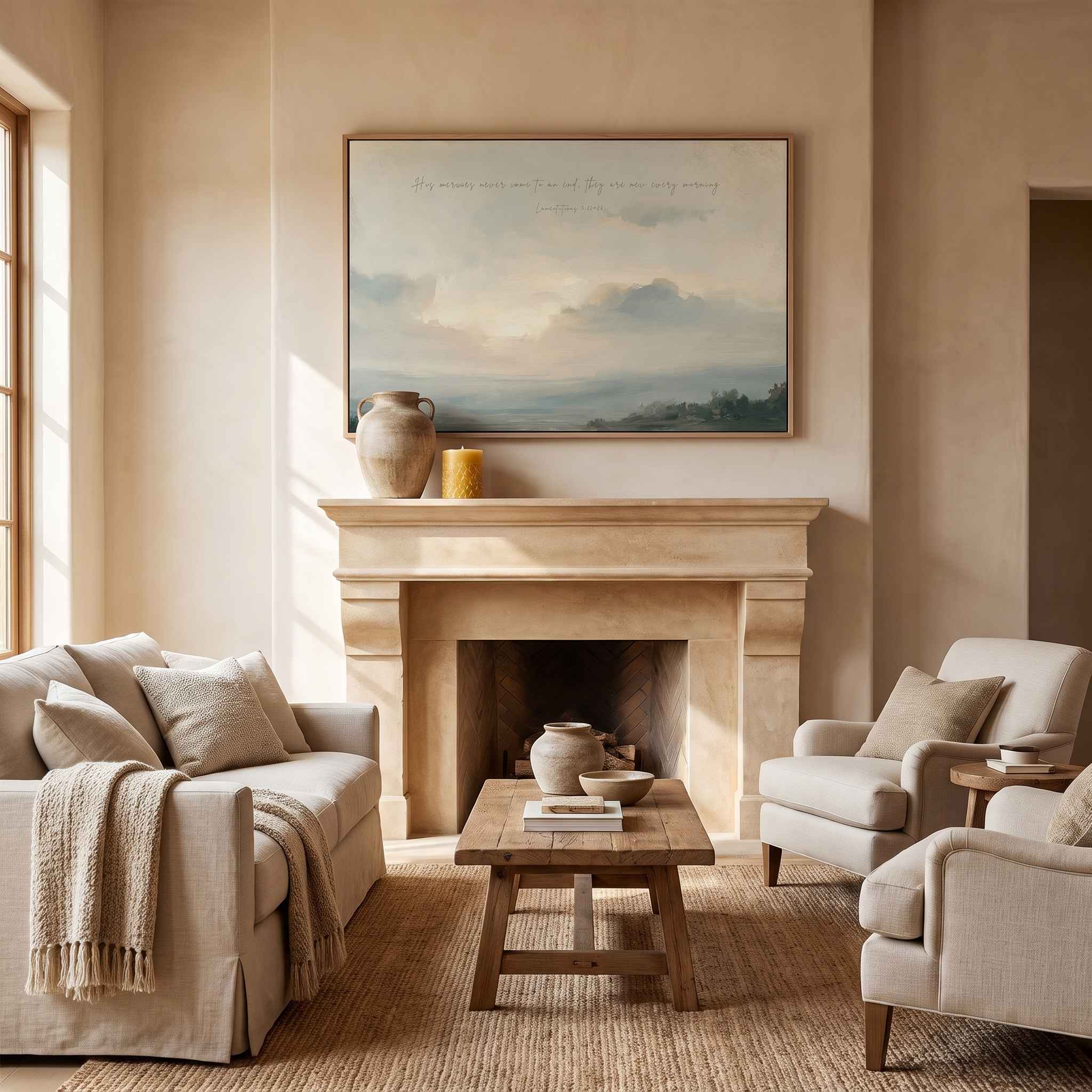 Framed vintage Lamentations 3:22-23 Christian landscape canvas wall art featuring a soft sunrise scene hanging above a stone fireplace mantel in a warm neutral living room with cream armchairs and a jute rug.