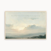 Vintage Lamentations 3:22-23 Christian wall art featuring a soft sunrise landscape canvas print over rolling hills with handwritten script scripture and a maple wood frame.