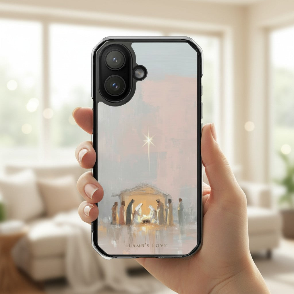 Holy Night Jesus Born MagSafe® clear iPhone case featuring soft watercolor nativity artwork with Mary, Joseph, and baby Jesus beneath the Bethlehem star held in hand near a softly lit window in a peaceful modern Christian Christmas setting