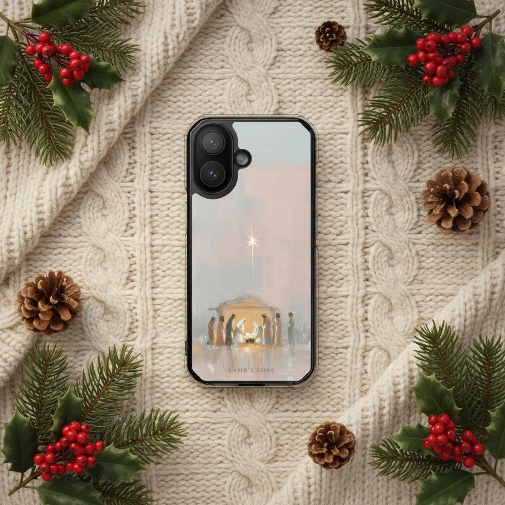 Holy Night Jesus Born MagSafe® clear iPhone case featuring soft watercolor nativity artwork with Mary, Joseph, and baby Jesus beneath the Bethlehem star surrounded by pine branches, holly berries, pine cones, and cozy knit textures in a warm Christian Christmas setting