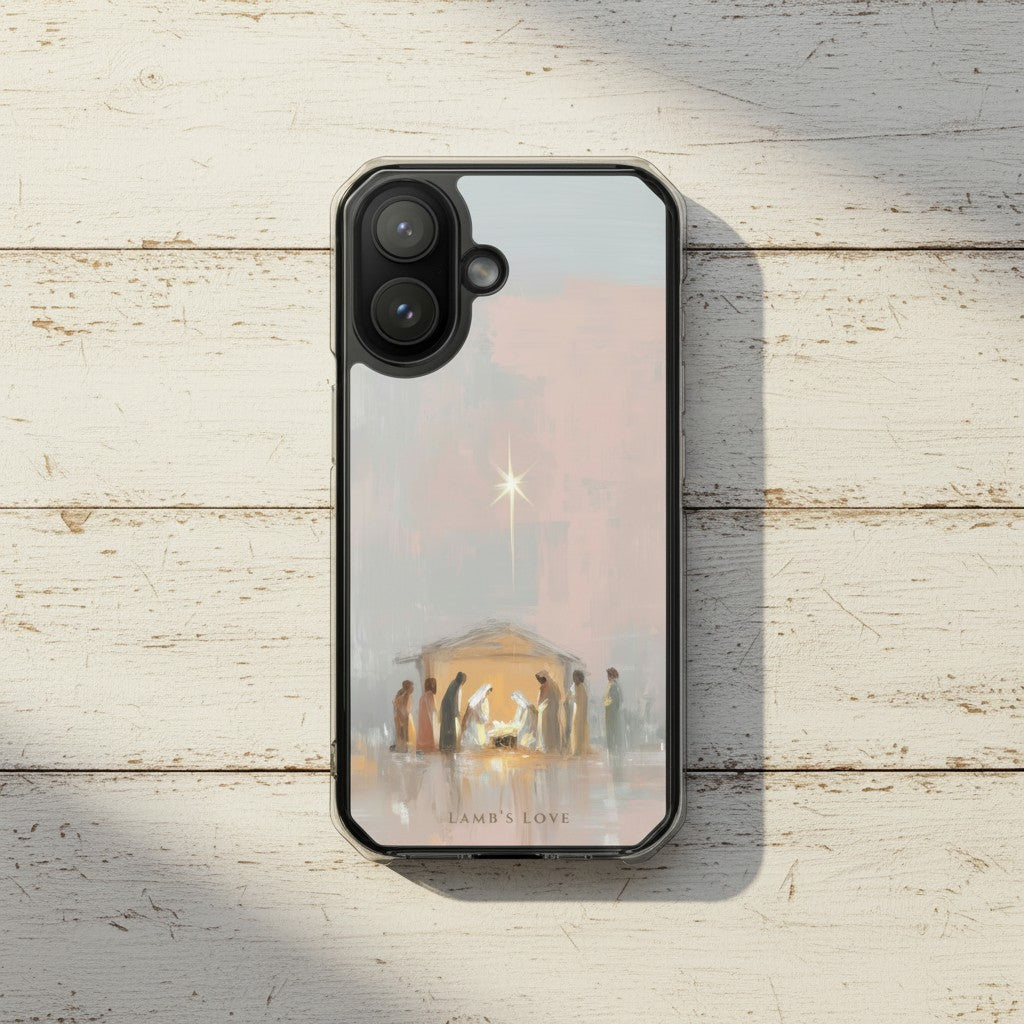 Holy Night Jesus Born MagSafe® clear iPhone case featuring soft watercolor nativity artwork with Mary, Joseph, and baby Jesus beneath the Bethlehem star displayed on a rustic white wooden surface in a peaceful Christian Christmas aesthetic setting