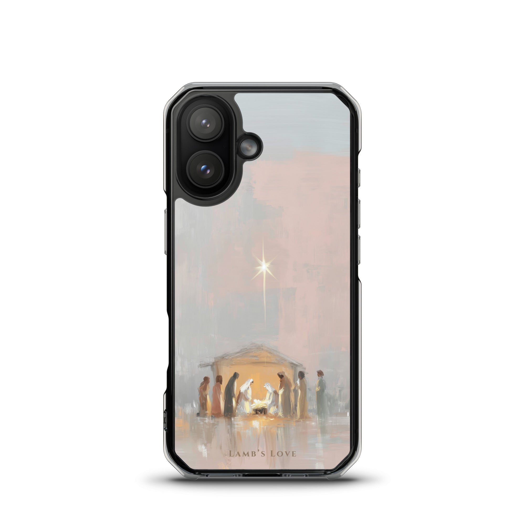 Holy Night Jesus Born MagSafe® clear iPhone case featuring black and white watercolor nativity artwork with Mary, Joseph, and baby Jesus beneath the Bethlehem star in an elegant Christian Christmas aesthetic