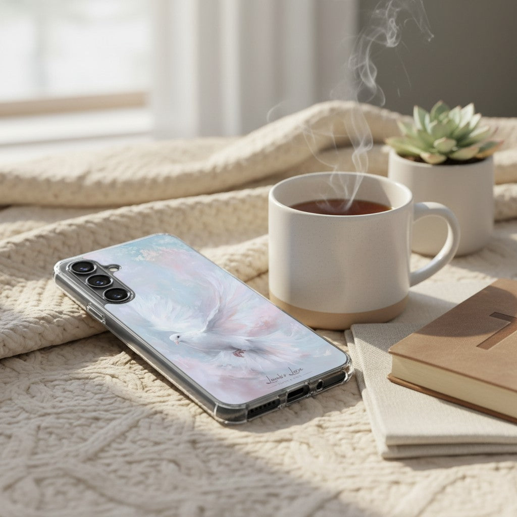 Holy Spirit Dove Christian Samsung phone case with watercolor bird design, resting on a beige knit blanket next to a steaming cup of tea, a notebook, and a small succulent in a bright morning setting.