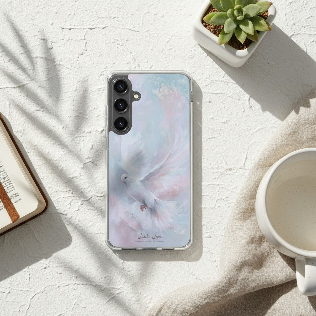 Holy Spirit Dove Christian Samsung phone case featuring a white watercolor dove on a soft blue and pink sky background, displayed on a textured white surface with sun-drenched palm leaf shadows, a coffee mug, and a succulent.