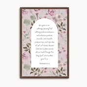 Christian Scripture wall art featuring Romans 5:3–5, "Hope does not put us to shame," displayed inside an elegant arched design with soft watercolor pink, lavender, and sage floral accents. Inspirational Bible verse artwork for the living room, bedroom, prayer room, or office.