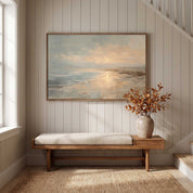 Framed vintage John 8:12 Christian landscape canvas wall art featuring a coastal sunset scene hanging above a wooden bench with a beige cushion and autumn foliage vase on a staircase landing.