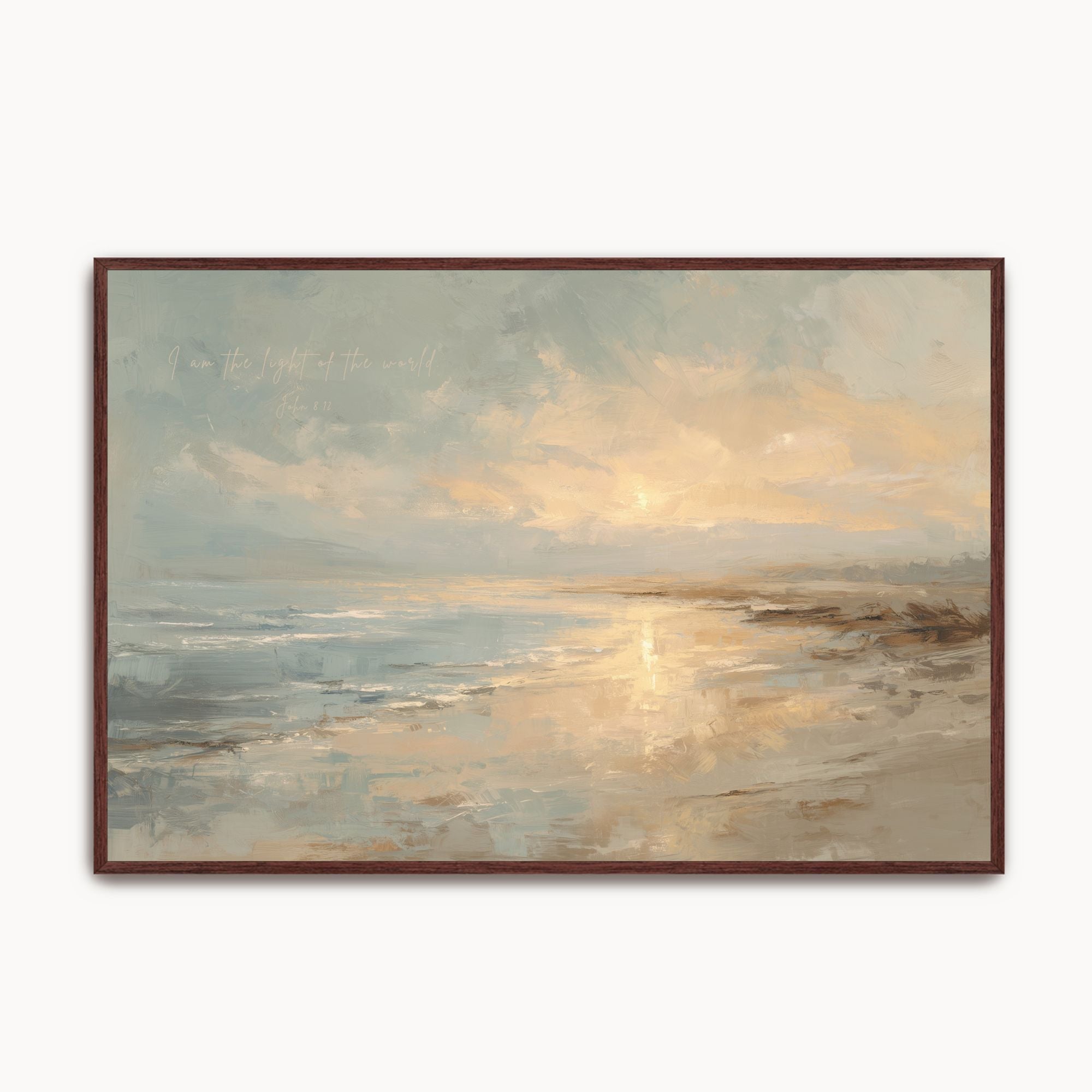 Vintage John 8:12 Christian wall art featuring a coastal sunset landscape canvas print with handwritten scripture script, golden ocean reflections, and an espresso wood frame.